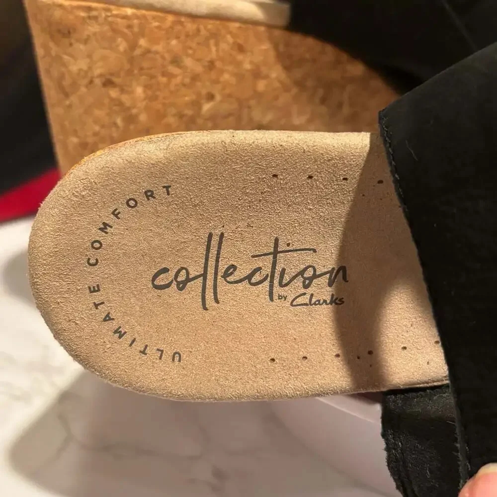 Clarks Annadel Bari wedges cork sandals, Black Nubuck US 8.5